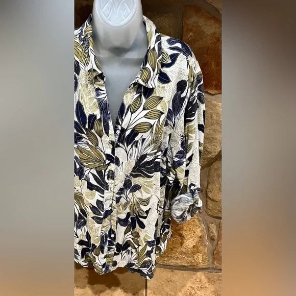Tahari Airy Linen Shirt Women 2X Lagenlook Coastal Resort Cruise Botanical - Picture 12 of 16